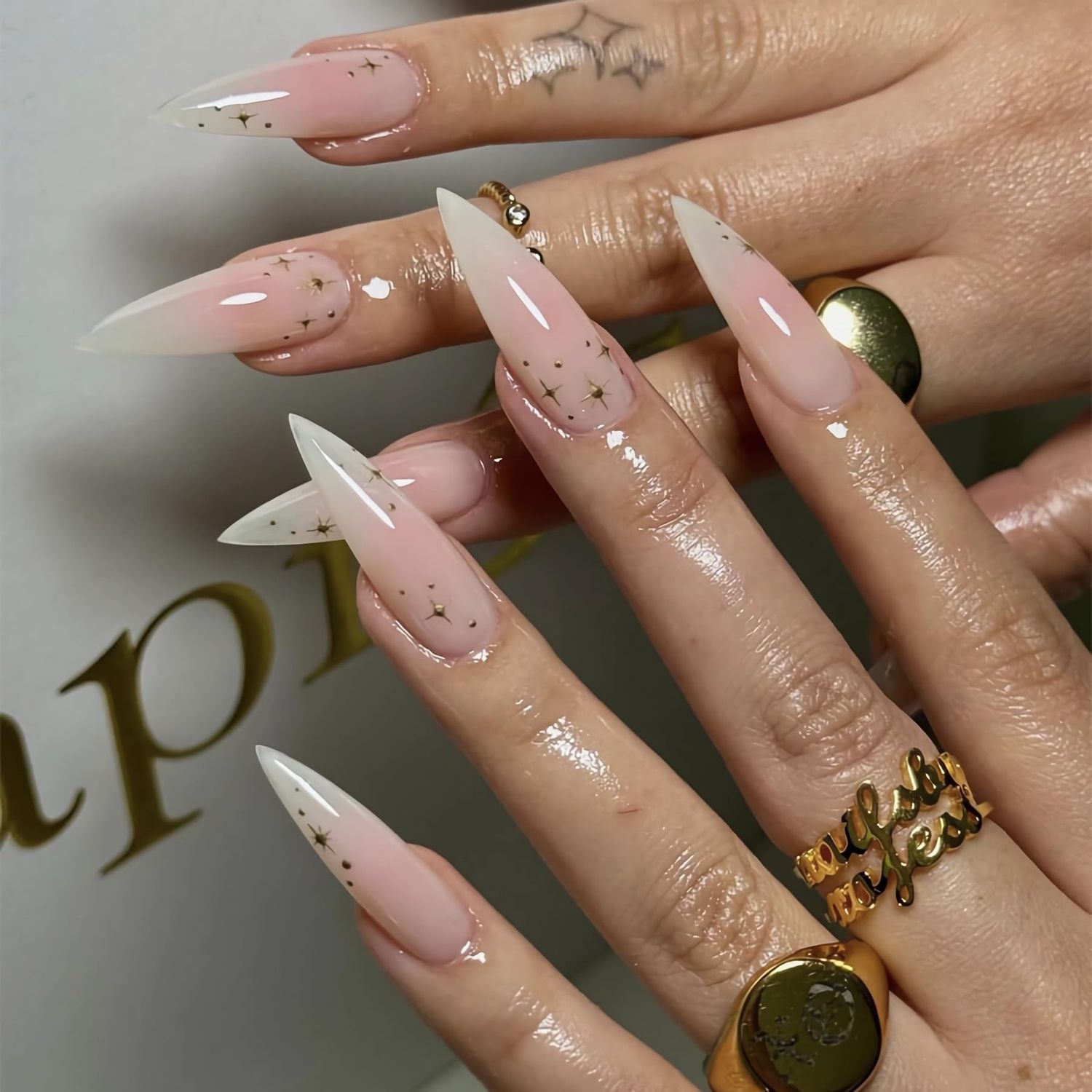 BABALAL Long Stiletto Press on Nails White Fake Nails Pink Ombre Glue ons Nails Star Design Acrylic Nails 24Pcs Almond Manicure False Nails