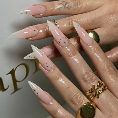 BABALAL Long Stiletto Press on Nails White Fake Nails Pink Ombre Glue ons Nails Star Design Acrylic Nails 24Pcs Almond Manicure False Nails