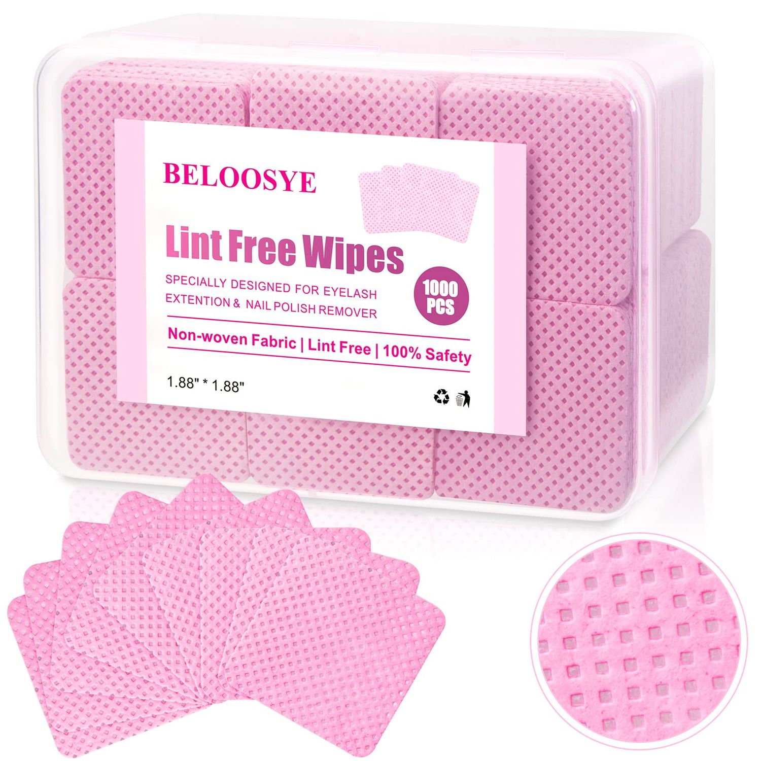 1000 PCS Lint Free Nail Wipes,Eyelash Extension Glue Wipes with Container,Super Absorbent Soft Non-Woven Fabric Lash Glue Wipes,Lint Free Wipe for Lash Extension Supplies &amp; Nail Polish Remover-Pink