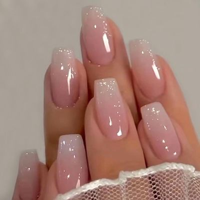WAFOLOZE Nails Press onsMedium Press on Nails Coffin Ombre Pink Fake Nails with Glitter Powder Press ons Designs Acrylic Artificial False Nails Stick on Nails for Women 30pcs