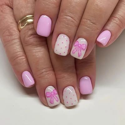 Pink Press on Nails Short Square Cute Fake Nails Valentines Day Press on Nails with Bow-Knot Designs Pink Acrylic Nails Full Cover Valentines Nails Glue on False Nails with Designs for Women 24PCS