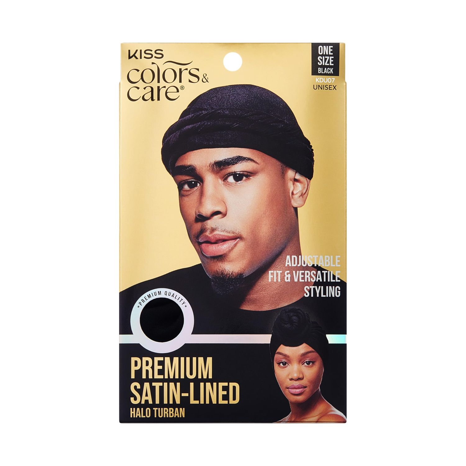 KISS COLORS &amp; CARE Premium Satin-Lined Halo Turban, Unisex, Pre-Tied Head Wrap for Locs, Braids, &amp; Waves, Protective Accessory for All Hair Types, 1 Count, Black