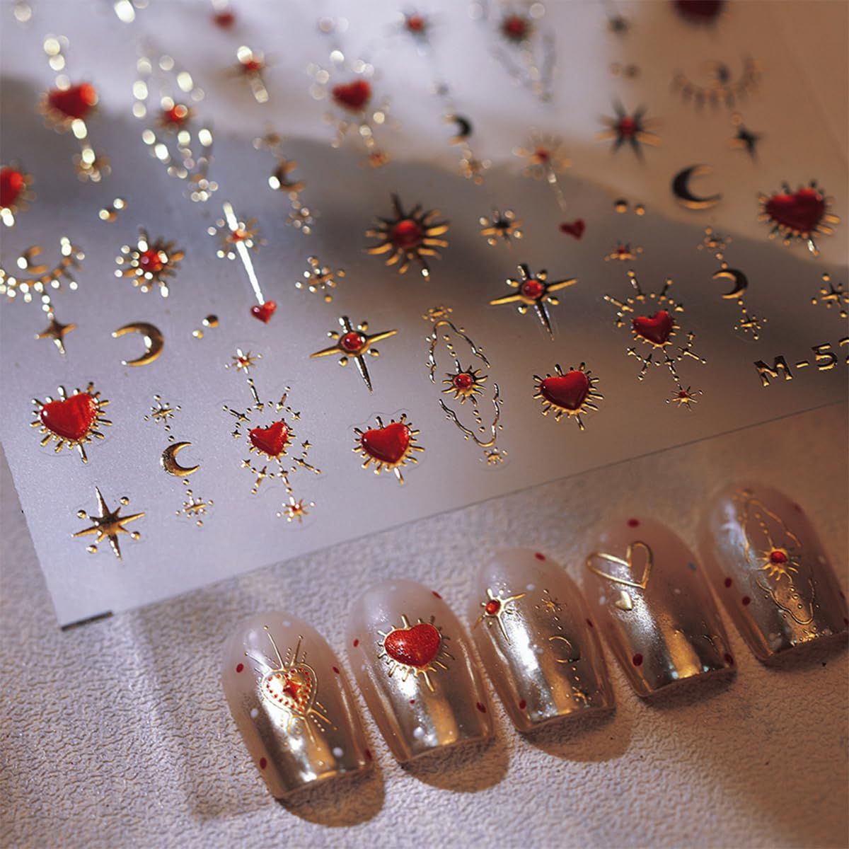 5D Embossed Gold Star Nail Stickers - Red Heart &amp; Moon Nail Art Stickers for Valentines Day DIY Manicure