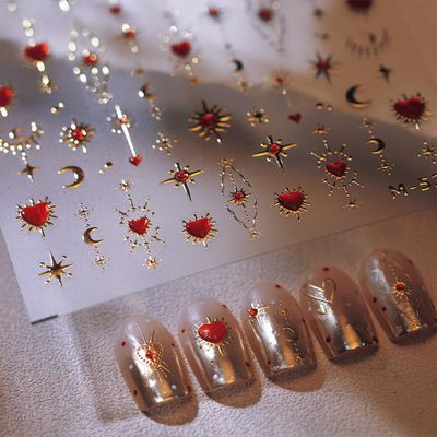 5D Embossed Gold Star Nail Stickers - Red Heart &amp; Moon Nail Art Stickers for Valentines Day DIY Manicure
