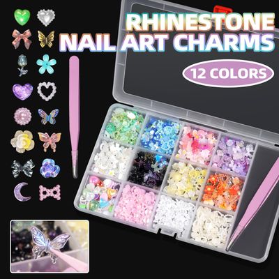 3D Mix Assorted Color Nail Charms, Acrylic Multi Blue Purple White Heart Flower Butterfly Bowknot Cute Nail Art Charms Hollow Pearls Jewelry Nail Charms for Nail Art Design DIY Crafts Accessories