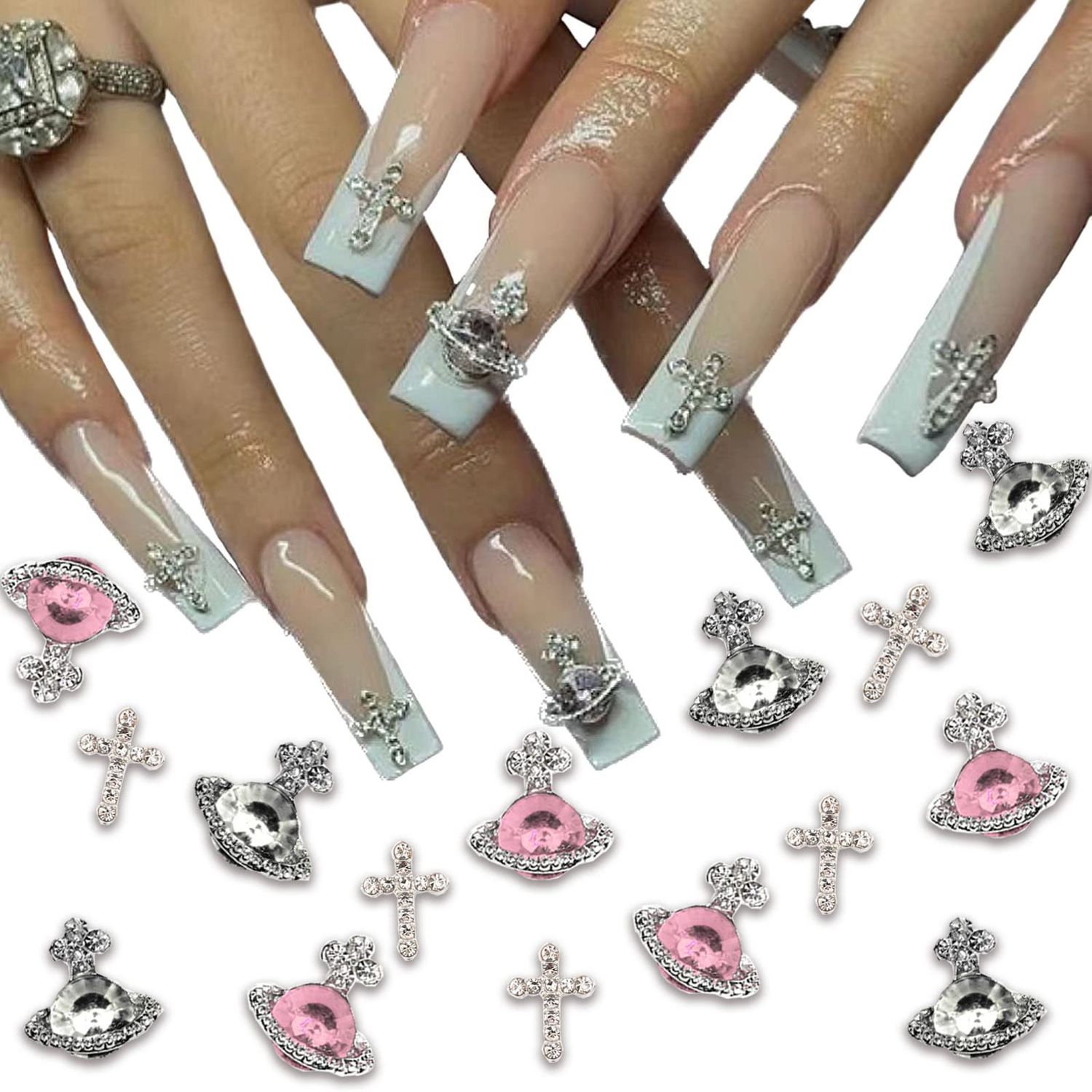 25 PCS Planet Nail Art Charms White Pink 3D Cross Nail Art Supplies with Rhinestones Saturn Shape Design Nail Gems Shiny Nail Jewelry Acrylic Accessories for Women Nail Decorations