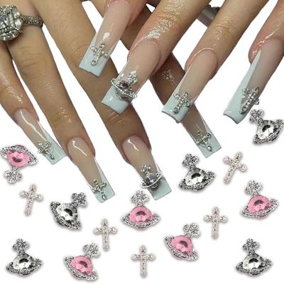 25 PCS Planet Nail Art Charms White Pink 3D Cross Nail Art Supplies with Rhinestones Saturn Shape Design Nail Gems Shiny Nail Jewelry Acrylic Accessories for Women Nail Decorations