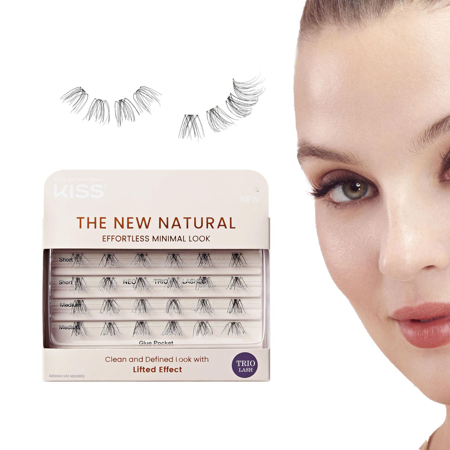 KISS The New Natural Effortless Minimal Look False Eyelashes 16mm, Trio Clusters Pack, NNT01, 24 Wisps