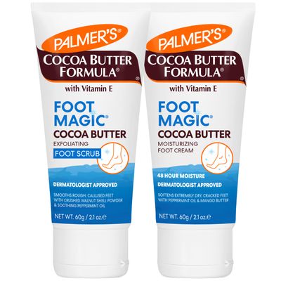 Palmers Cocoa Butter Formula Foot Magic Bundle, Exfoliating Foot Scrub and Moisturizing Foot Cream for Dry, Cracked Heels (2 x 2.1 oz Tubes)