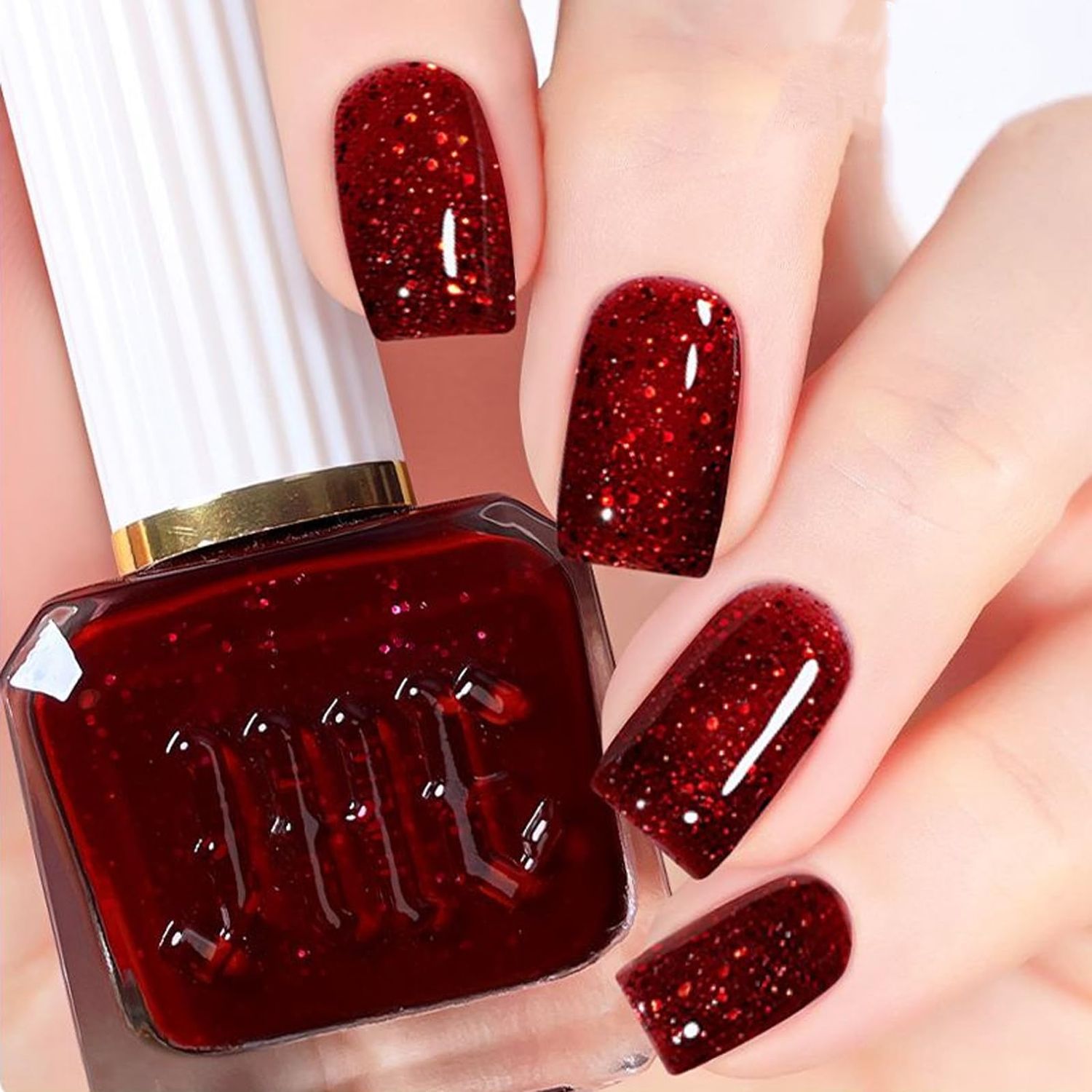 NovaCharm Dark Red Nail Polish - Chunky Bright Red Glitter - High Glossy Sparkly Fast Drying Nail Polish for Women &amp; Girls DIY at Home
