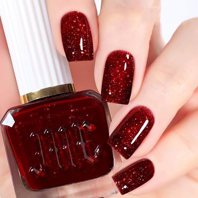 NovaCharm Dark Red Nail Polish - Chunky Bright Red Glitter - High Glossy Sparkly Fast Drying Nail Polish for Women &amp; Girls DIY at Home