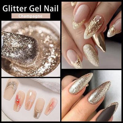 SMAILXIIYUE Chrome Platinum Glitter Nail Polish Set, 2 jar High Density Platinum Drawing Gel Polish Gold Silver Sparkle Glitter Gel Nail Polish for Salon Home Nail Art DIY (Silver & Champagne, M)