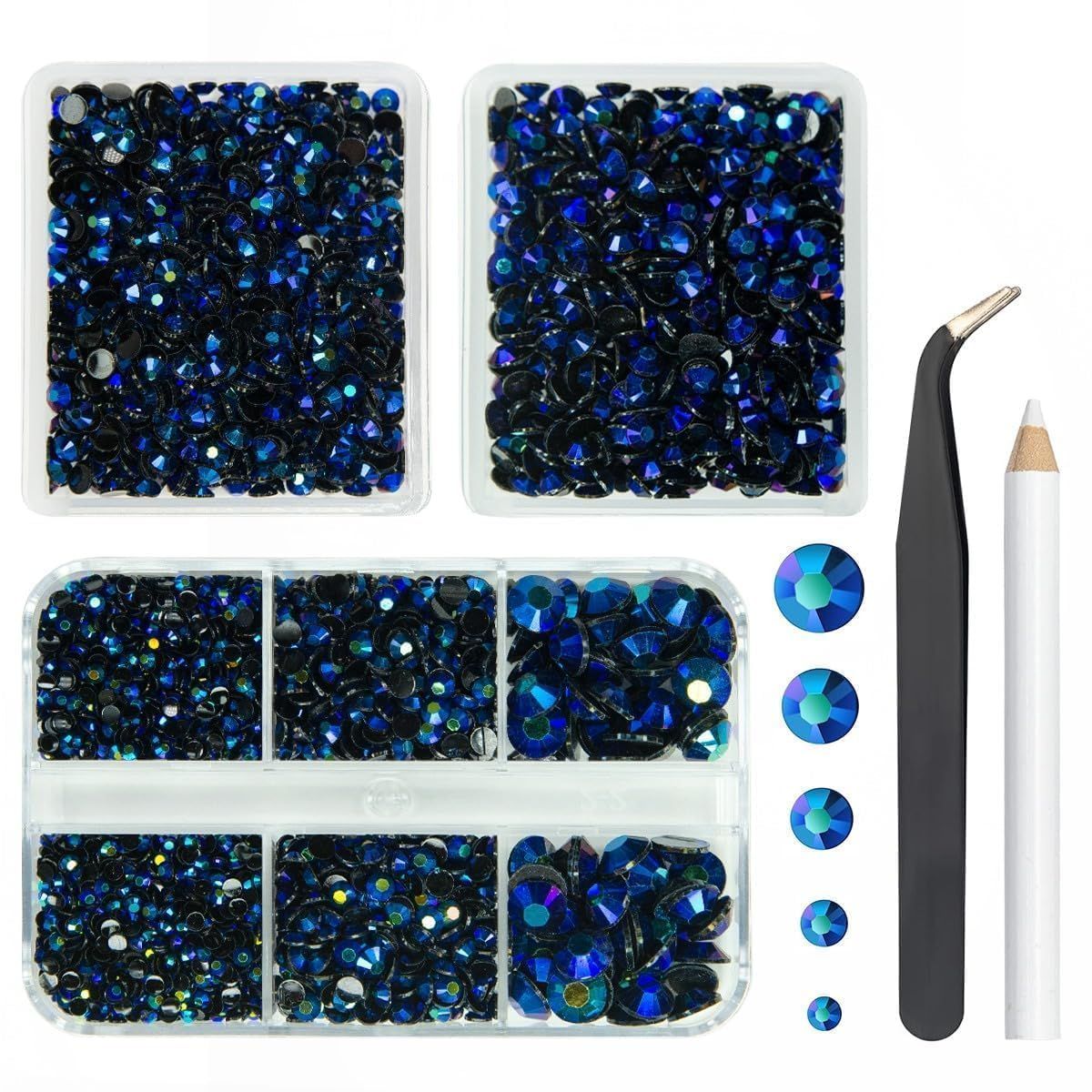 qiipii 3 Boxes 5070PCS Sapphire Blue Resin Rhinestones for Crafting 2mm 3mm 4mm 5mm 6mm Dark Blue AB Flatback Jelly Stones Non-Hotfix Diamonds Crystals Gems for Nails Face Eyes Makeup Tumblers Crafts