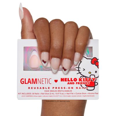 Glamnetic x Hello Kitty and Friends Press On Nails - Hello Kitty White | Classic French Tip Short Almond Bow Graphic Nails in a Glossy Finish | 15 Sizes - 30 Nail Kit with Glue