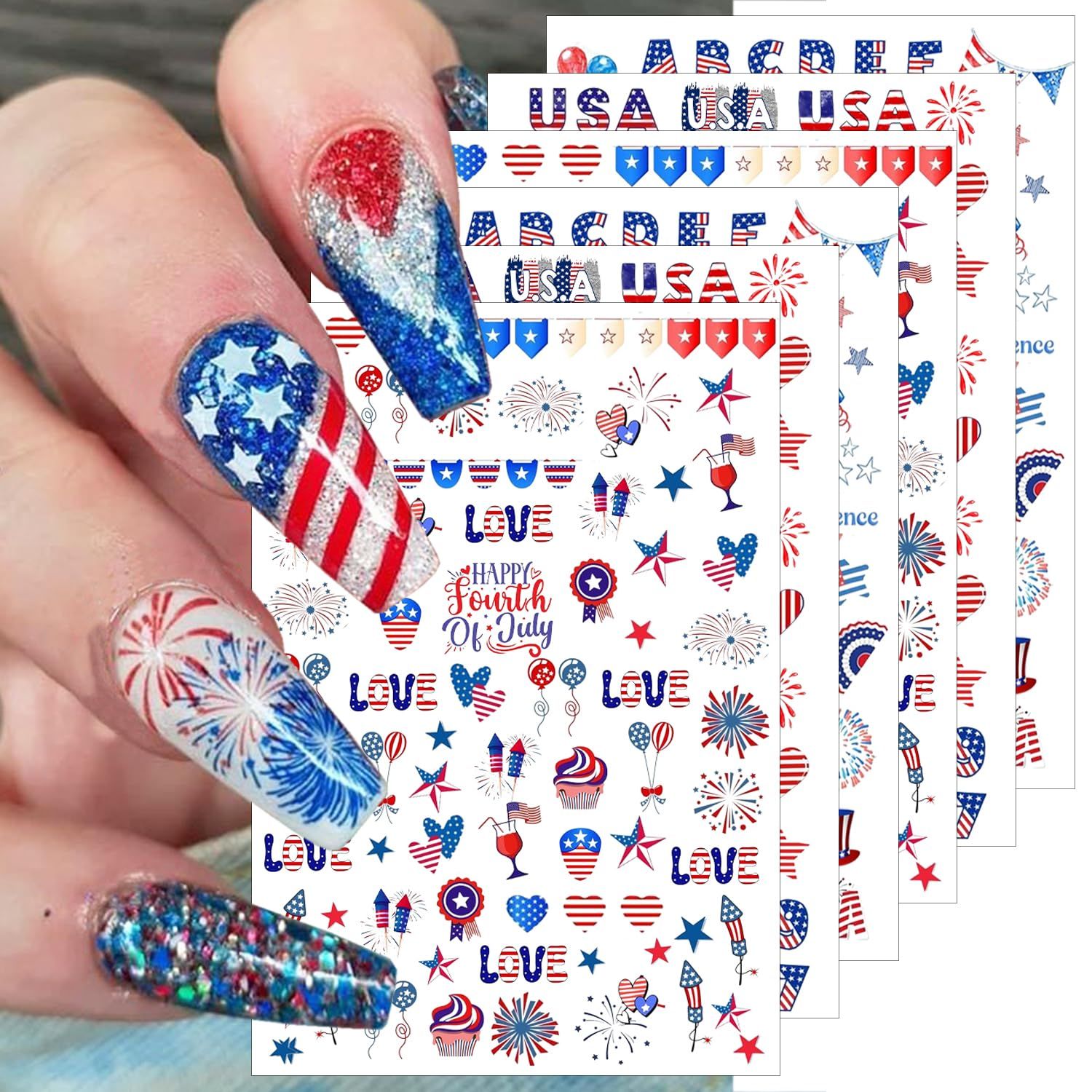6 Sheets 4th of July Nail Stickers for Nail Art 3D Self Adhesive Independence Day Nail Art Stickers American Flag Stars Letters Fireworks USA Nail Decals Fourth of July Design Sticker for Women