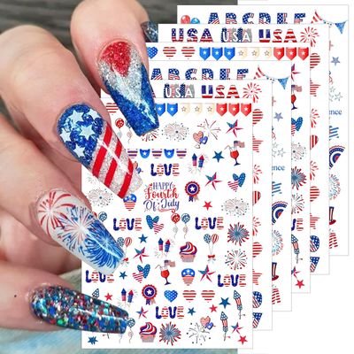 6 Sheets 4th of July Nail Stickers for Nail Art 3D Self Adhesive Independence Day Nail Art Stickers American Flag Stars Letters Fireworks USA Nail Decals Fourth of July Design Sticker for Women