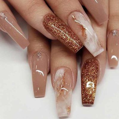 DANMANR Long Press on Nails Marble False Nails Art Full Cover Acrylic Coffin Orange Fake Nails for Women and Girls 24PCS