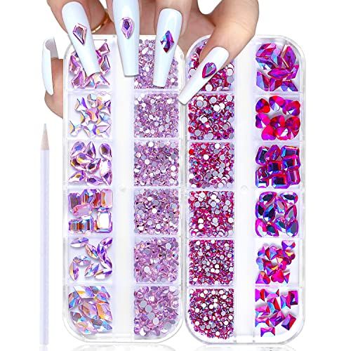 WOKOTO 2 Box Flat Back Pink and Rose AB Nail Rhinestones for Nails Art Rhinestones for Crafts Big Pink Nail Crystal Rhinestones for Acrylic Nails Diamonds for Nails Stones Crystals for Nails
