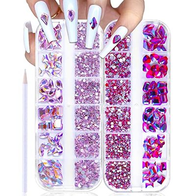 WOKOTO 2 Box Flat Back Pink and Rose AB Nail Rhinestones for Nails Art Rhinestones for Crafts Big Pink Nail Crystal Rhinestones for Acrylic Nails Diamonds for Nails Stones Crystals for Nails