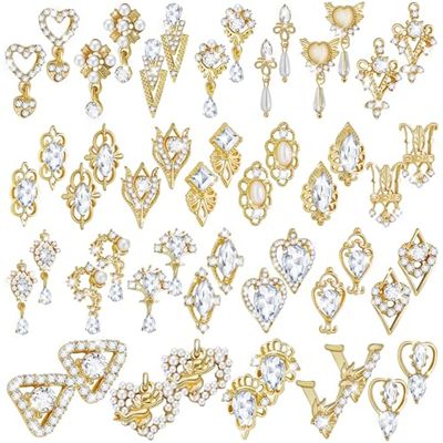 Maitys 52 Pieces Gold Nail Charms Rhinestones Heart Nail Charms Alloy 3D Dangle Nail Jewelry Charms Crystal Metal Nail Gems Flowers Studs for Christmas Nail DIY