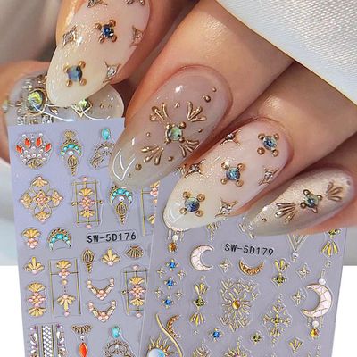 5D Embossed Nail Stickers for Nail Art Decals,2Pcs Metallic Bohemian Luxury Style,Gold Sun Moon Lines Green Gem Star Glitter Designs, Gold Nail Supplies for Women DIY Manicure Decoration