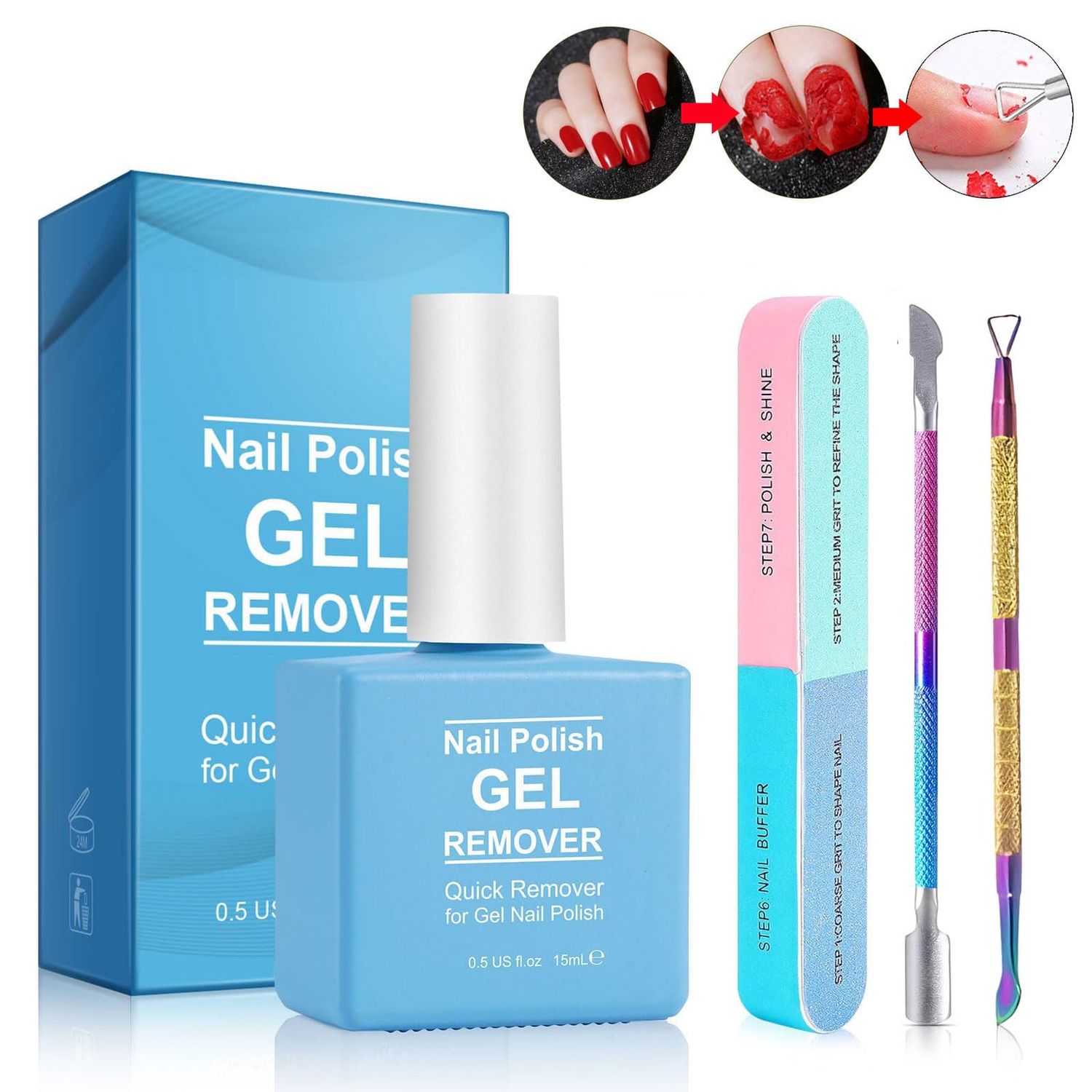 Nail Polish Remover with 7 Way Nail Buffer &amp; Metal Silver Cuticle Pusher, Simple Easy Gel Nail Polish Remover Set for Home DIY and Salon (set 2)