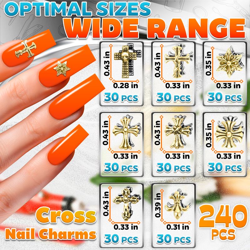 240 Pcs Silver and Gold Cross Nail Charms Bulk - 3D Silver and Gold Nail Charms Cross for DIY &amp; Professional Manicures - Large-Pack for Creative Manicures with Shiny Crosses Accents