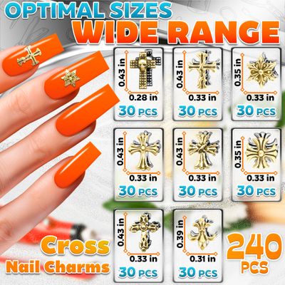 240 Pcs Silver and Gold Cross Nail Charms Bulk - 3D Silver and Gold Nail Charms Cross for DIY & Professional Manicures - Large-Pack for Creative Manicures with Shiny Crosses Accents