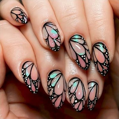 Gleamrain Almond Press on Nails Medium Length with Butterfly Pattern Designs Fake Nails 3d Glue on Nails for Women and Girls 24pcs Set