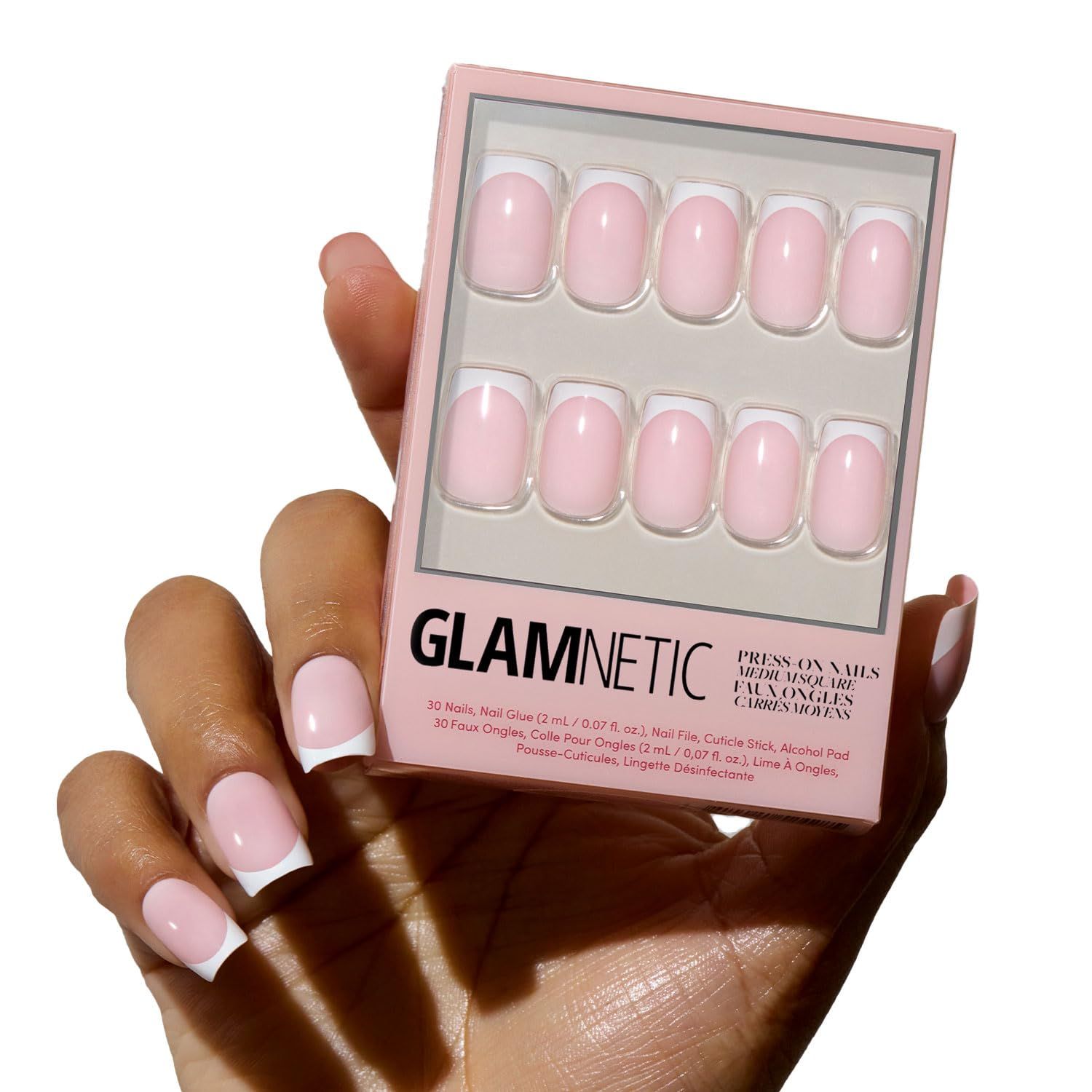Glamnetic Press On Nails - Classy French | Medium Square Fake Nails, Trendy Micro French Tip, Reusable | 15 Sizes - 30 Nail Kit