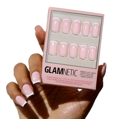 Glamnetic Press On Nails - Classy French | Medium Square Fake Nails, Trendy Micro French Tip, Reusable | 15 Sizes - 30 Nail Kit