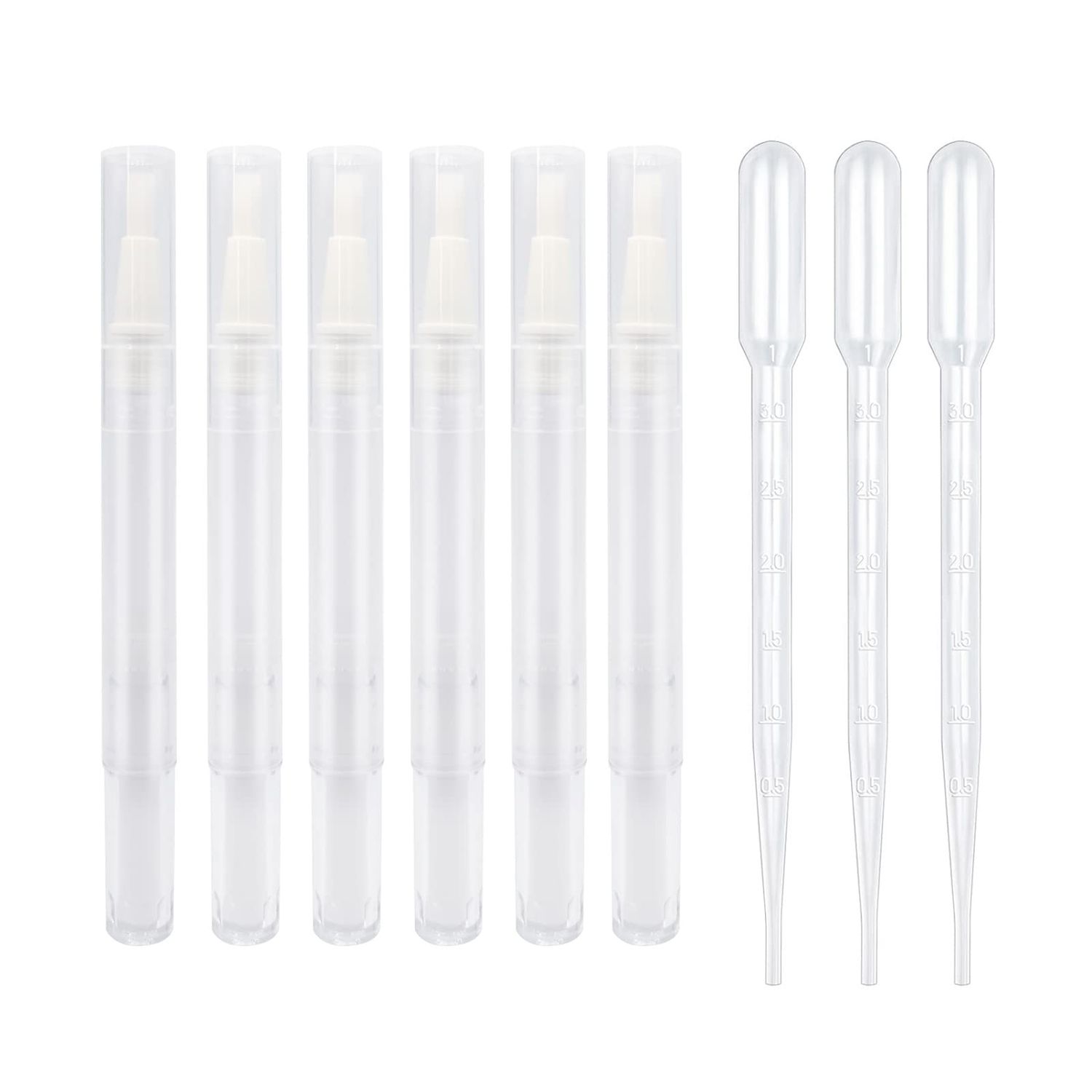 BlingKingdom 6pcs 3ml Empty Cuticle Oil Pen with 3pcs Pipettes Transparent Twist Pen Nail Oil Pen with Brush Tip Cosmetic Container Applicator for Homemade Nail Oil, Lip Gloss, Eyelash Growth Liquid