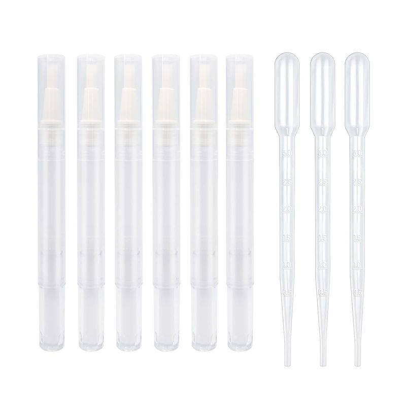 BlingKingdom 6pcs 3ml Empty Cuticle Oil Pen with 3pcs Pipettes Transparent Twist Pen Nail Oil Pen with Brush Tip Cosmetic Container Applicator for Homemade Nail Oil, Lip Gloss, Eyelash Growth Liquid