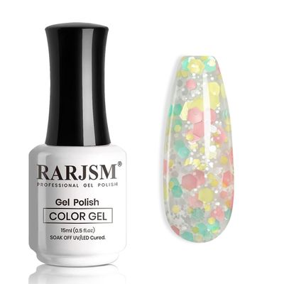 RARJSM Glitter Gel Nail Polish Pink Yellow Green Patel Spring Summer Color Big Flakes Gel Polish Sparkly Chunky Clear Shimmer Pigments Soak off Led UV Curing Required for Home Salon Manicure 15ml