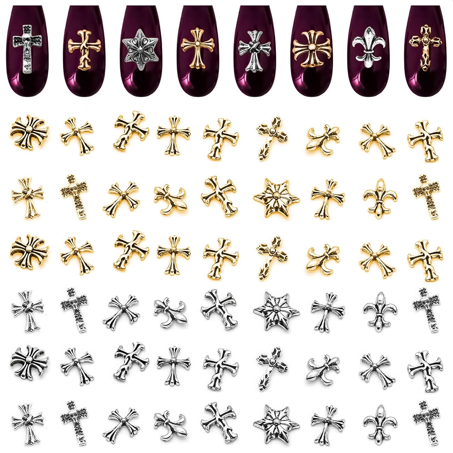 240 Pcs Silver and Gold Cross Nail Charms Bulk - 3D Silver and Gold Nail Charms Cross for DIY &amp; Professional Manicures - Large-Pack for Creative Manicures with Shiny Crosses Accents