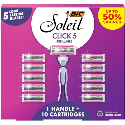 BIC Soleil Click 5 Womens Refillable 5 Blade Razors, Perfect for Gift Sets Women, 1 Handle and 10 Cartridges, 11-Pack