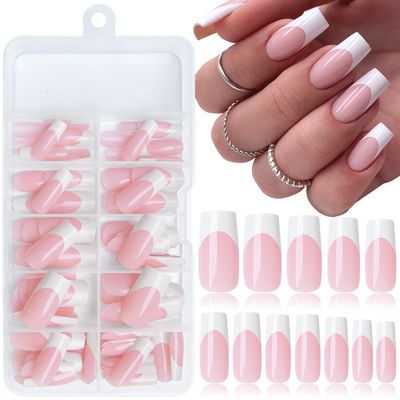 LoveOurHome 120pc French Tips Press on Nails Long Fake Nail Press on Nail Square False Nail Acrylic White Tips Press Square Nail Short Artificial Nail &amp; Glue Adhesive Tabs for Women Girls