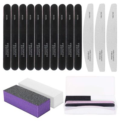 16PCS Nail Files and Buffer with Storage Box,Professional Manicure Pedicure Kit White Buffer Block Reusable 100/180 Grit Nail Files Emery Board Black for Nature Acrylic Nails Home Salon Travel Use