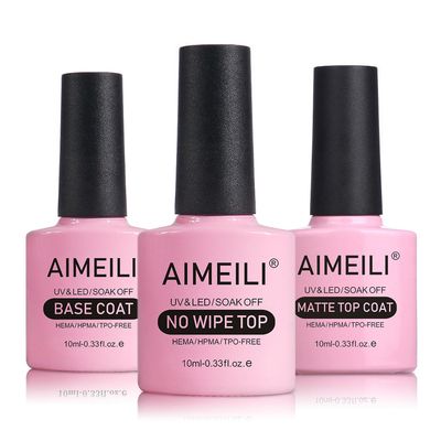 AIMEILI Soak Off U V LED Hema Free Cruelty Free Vegan Gel Nail Polish - Base Coat, Matte Top and No Wipe Top Coat Kit Set 10ML