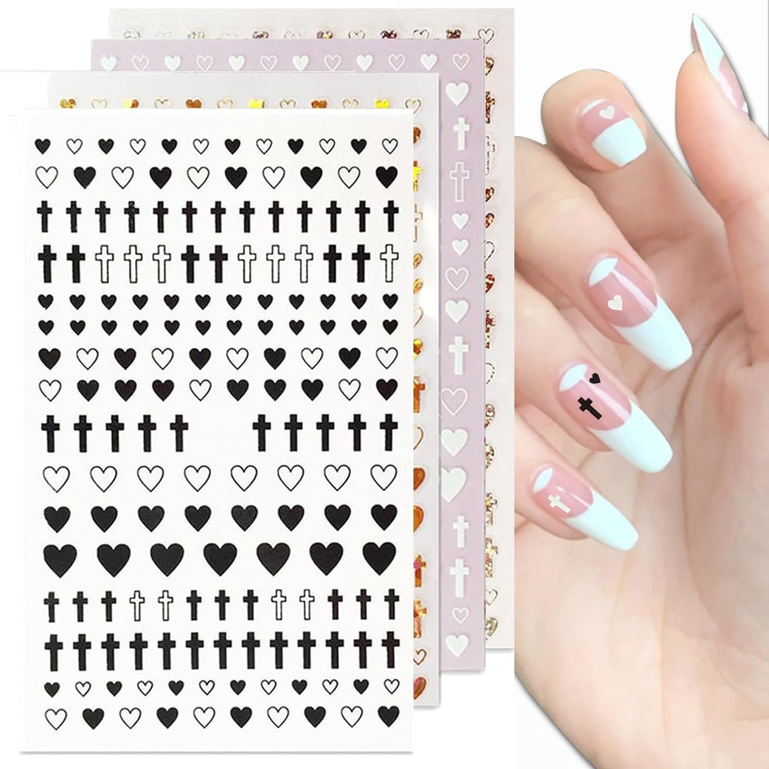 Cross Nail Stickers Heart-Shaped Nail Decals Laser Gold Silver Nail Art Decoration Self-Adhesive DIY Nail Design 4 Colors Set
