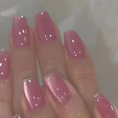 Cat Eye Press on Nails Short Coffin Fake Nails with Glitter French Designs Pink Nails Press ons Glossy Glue on Nails Cute Acrylic Nails Artificial False Nails Simple Stick on Nails for Women 24Pcs