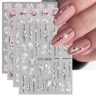 3D Embossed Flower Nail Art Stickers Decals Self-Adhesive Pegatinas Uas 5D Floral Nail Supplies Nail Art Design Decoration Accessories 4 Sheets