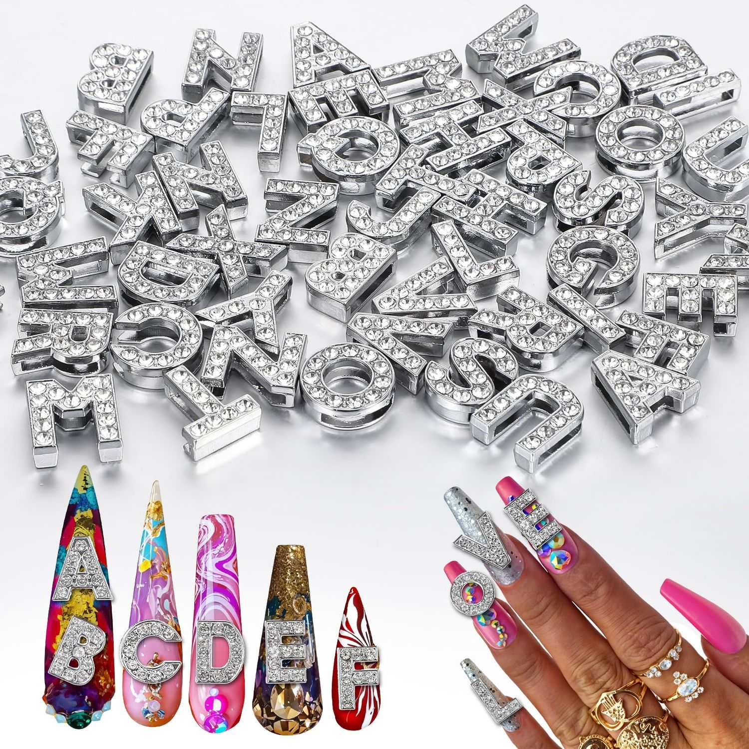 Yuanchu 52 Pcs Large Letter Nail Charms, Silver Rhinestone Letters English Alphabet Nail Charms for Nails Letter Nail Charms for Bracelets Jewelry DIY Supplies Nail Art Accessories for Women