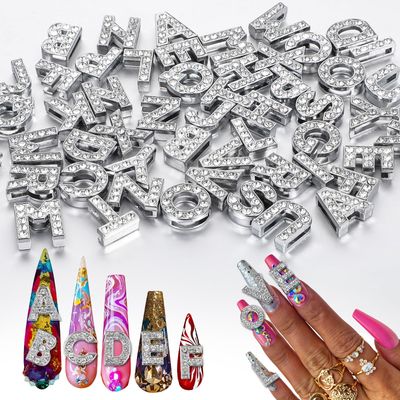 Yuanchu 52 Pcs Large Letter Nail Charms, Silver Rhinestone Letters English Alphabet Nail Charms for Nails Letter Nail Charms for Bracelets Jewelry DIY Supplies Nail Art Accessories for Women
