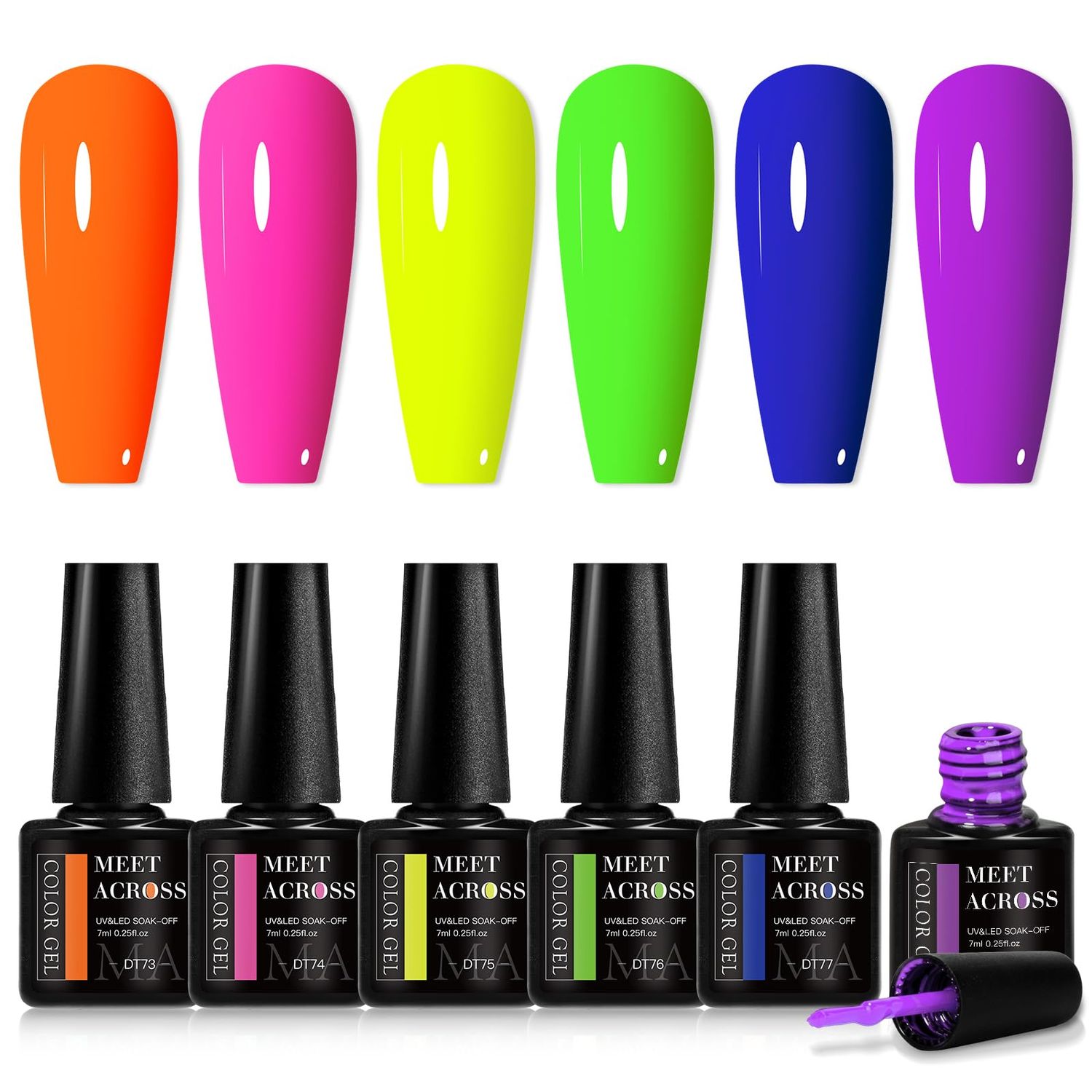 MEET ACROSS Neon Gel Nail Polish Set, 6 Colors Orange Yellow Green Blue Hot Pink Red Purple Spring Summer Fluorescent Gel Polish Home DIY Manicure Gift for Girls Women