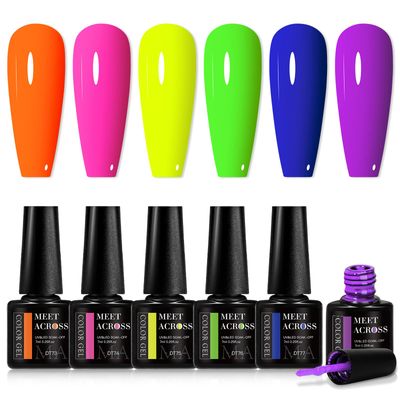 MEET ACROSS Neon Gel Nail Polish Set, 6 Colors Orange Yellow Green Blue Hot Pink Red Purple Spring Summer Fluorescent Gel Polish Home DIY Manicure Gift for Girls Women