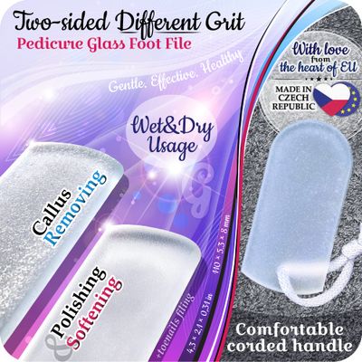 Genuine Czech Glass Foot File by GLADZY - Gentle Callus Remover Foot Rasp, Pedicure & Spa Rough Skin Scrubber, Two-Sided Etched Different Grit Surface, Professional Toenail & Heels Care, Made in EU