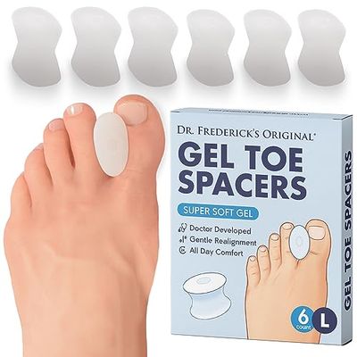 Dr. Fredericks Original Gel Toe Separators / Spacers - 6 ct - Temporary Bunion Corrector - Orthotic for Bunions &amp; Overlapping Toe Pain - Ideal for Running, Yoga, and All-Day Foot Comfort - Large