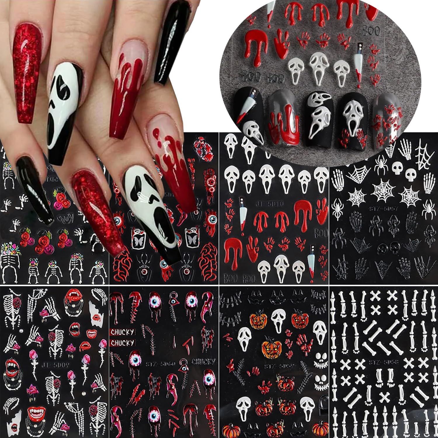 8 Sheets Halloween Nail Art Stickers 5D Embossed Horror Ghost Nail Stickers Bloody Spider Bat Stickers Design Gothic Skull Nail Decals Nail Art Supplies for Women Girls Acrylic DIY Nail Decorations