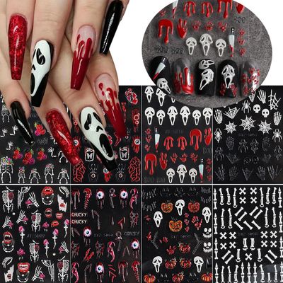 8 Sheets Halloween Nail Art Stickers 5D Embossed Horror Ghost Nail Stickers Bloody Spider Bat Stickers Design Gothic Skull Nail Decals Nail Art Supplies for Women Girls Acrylic DIY Nail Decorations
